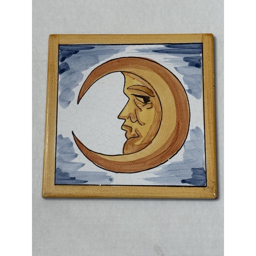 VTG Crescent Moon Celestial Handpainted Tile Decor‎ Trivet Anthropomorphic Spain